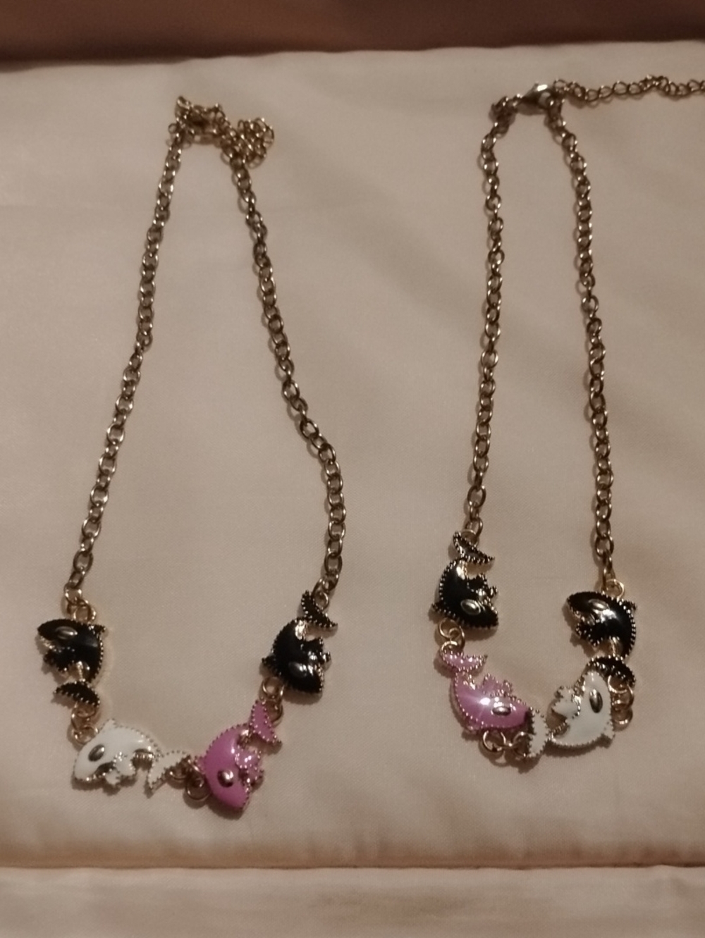 Gold Chain Necklace with Black, Pink and White Enamel Cat Charms